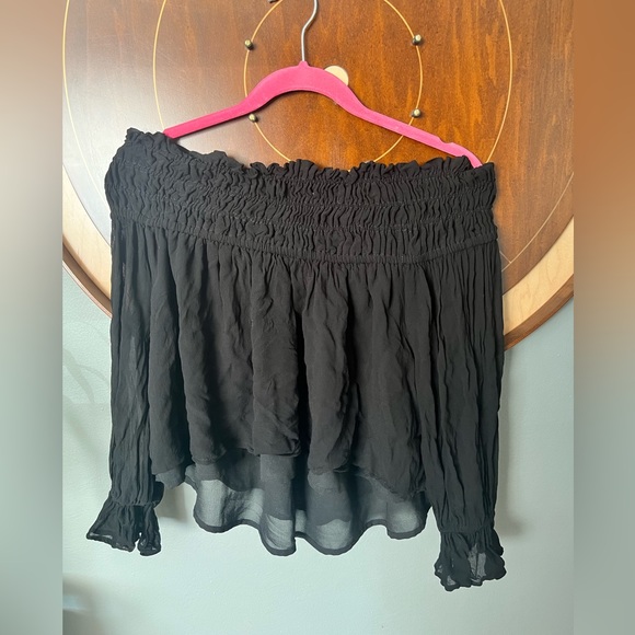 ASOS Off the shoulder chiffon black ruched top - Picture 3 of 7